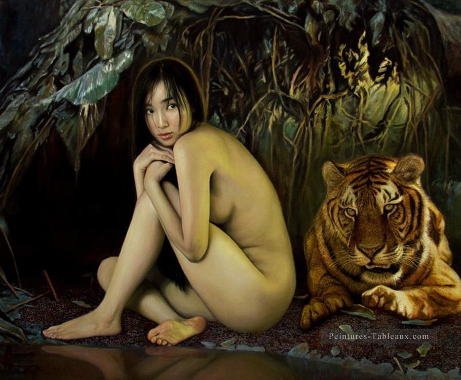 Tigre après la pluie Chinois Fille Nu Peintures à l'huile